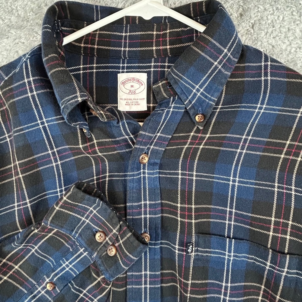 Brooks Brothers 346 Plaid Button Down Shirt Men's Medium Blue Long Sleeve Cotton